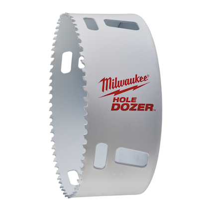 Cirkulär hålsåg med texten "Milwaukee HOLE DOZER" tryckt på sidan.