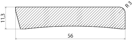Tvärsnitt av en böjd komponent med måtten 113x56 mm och en avrundning med radie R3.