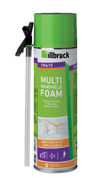 Grön sprayburk med texten "Multi Handheld Foam" och "FM610", utrustad med munstycke.
