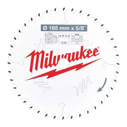 Cirkelsågklinga med texten "Milwaukee" i rött och ikon för rotation.