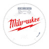 Cirkelsågklinga med vit yta och röda "Milwaukee"-logotypen, tänder runt om och text som visar dimensionerna.