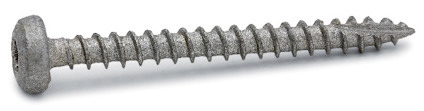 Metallskruv med grov gänga och rundat huvud på vit bakgrund.