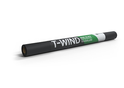 Svart rulle med texten "T-WIND BASIC BLACK Vindskydd" i vitt och grönt.