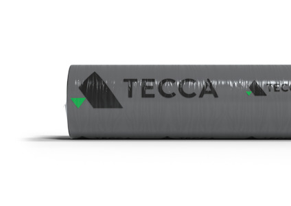En rulle med grå material, märkt "TECCA", med gröna och svarta triangulära detaljer.