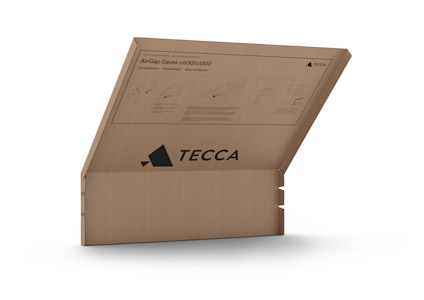 Kartongskiva med logotypen "TECCA" och texten "AirGap Eaves c400/cE400".