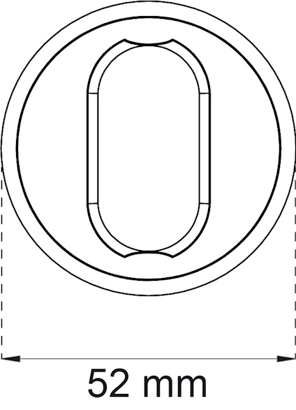 Ritning av en cirkulär form med ett ovalt hål i mitten, diameter angiven som 52 mm.