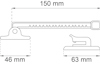 Linjeritning av ett föremål med mått: längd 150 mm, höjd 46 mm, bredd 63 mm.