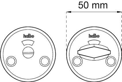 Ritning av två runda dörrbeslag från "habo", med dimensionen 50 mm markerad.