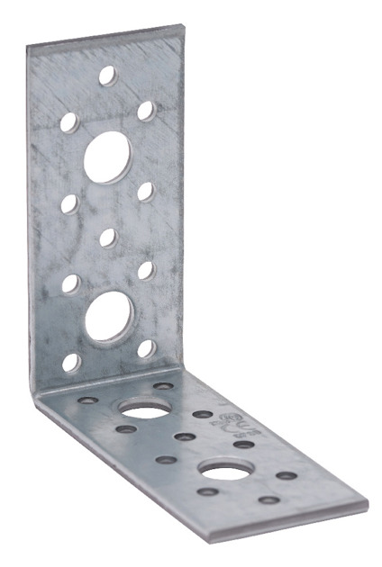 Metallvinkel med flera hål i olika storlekar, designad för att fästa eller stödja strukturer.