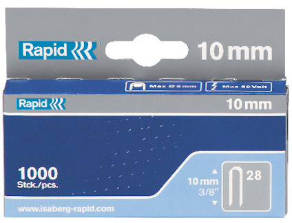 Förpackning för Rapid kabelklammer R28/10, 1000 stycken, 10 mm storlek, blå och grå design med text och logotyp.