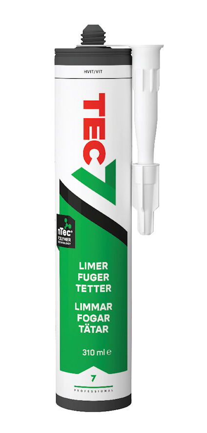 Vit och grön patron märkt Tec7, med text om att den limmar, fogar och tätar. Plastmunstycke syns på sidan.