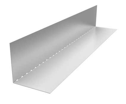 Silverfärgad vinkelprofil med perforerad kant och slät yta, v-formad design.
