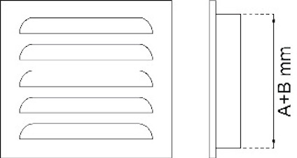 Ritning av ventilationsgaller med måttangivelse "A+B mm" i profilvy, och sex horisontella öppningar i framifrån-vy.