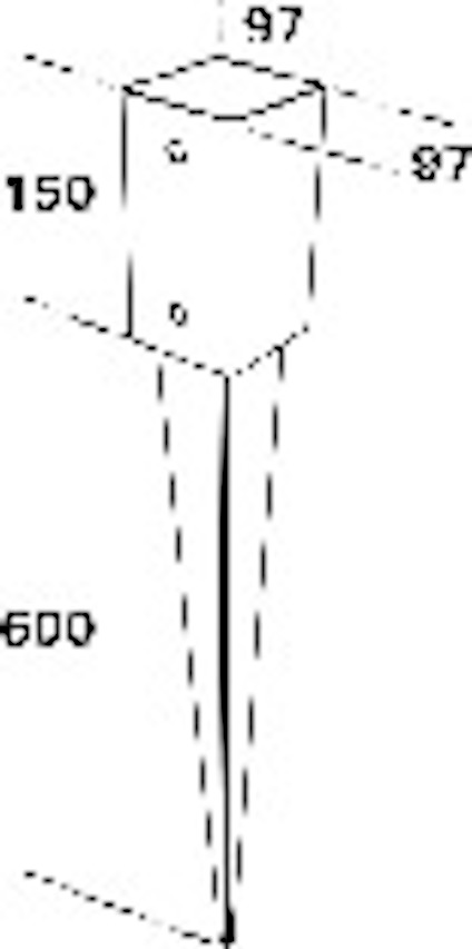 Grafisk illustration av ett metallspjut med en fyrkantig hållare upptill. Måtten är 97x97 mm upptill, 150 mm höjd på hållaren och 600 mm total längd.